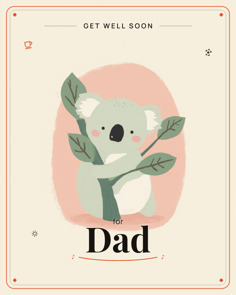 A round-faced koala clings sleepily to a eucalyptus branch with three leafy sprigs, its rosy cheeks and blushed nose giving it a soft, drowsy charm, a getwell e-card design