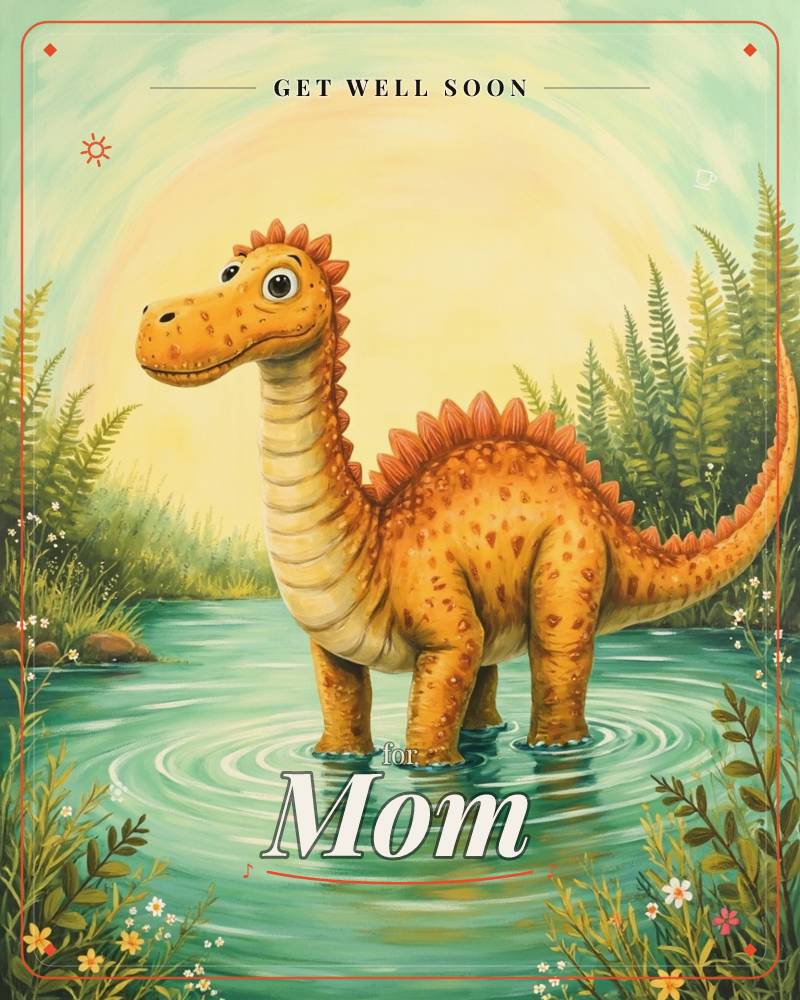 A cheerful long-necked dinosaur with orange spots and a spiky ridge stands knee-deep in a rippling pond, glancing back with a friendly grin, a getwell e-card design