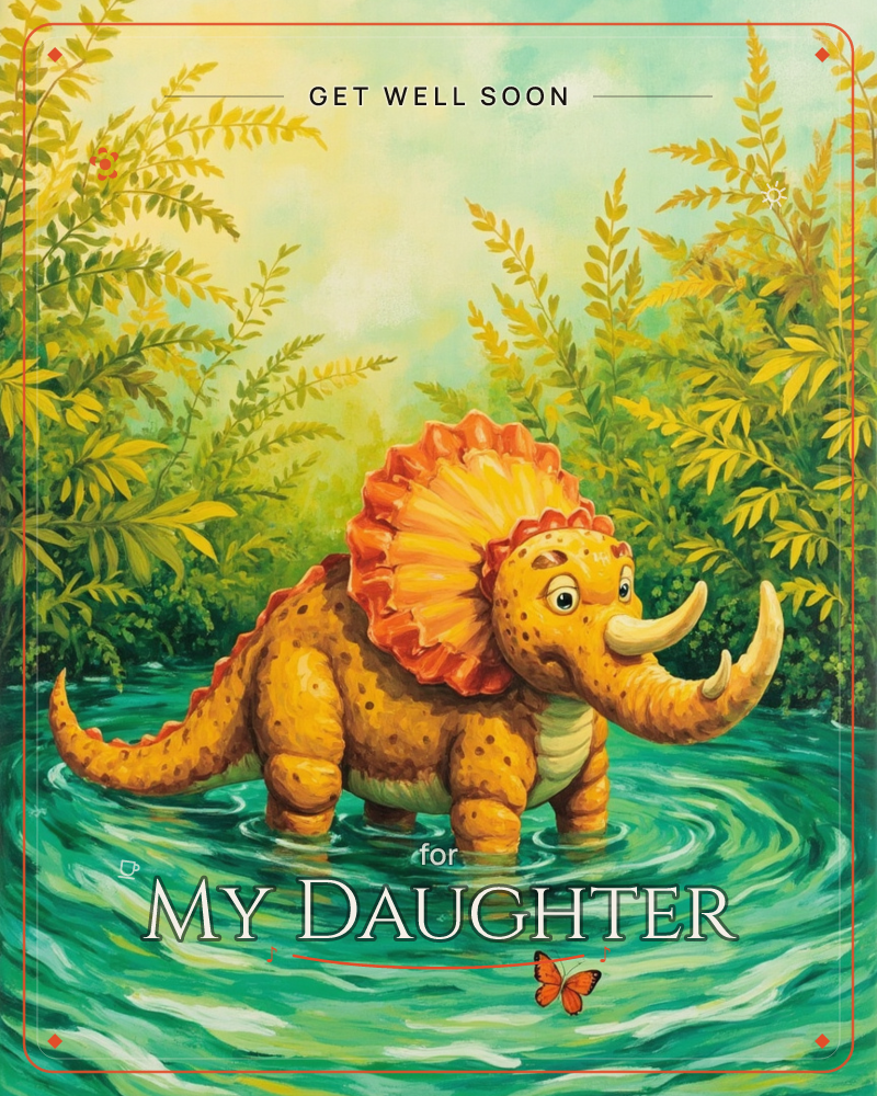 A friendly triceratops-like dinosaur wades through a rippling green pond, its orange frill glowing like a sunlit fan against tall golden ferns behind it, a getwell e-card design