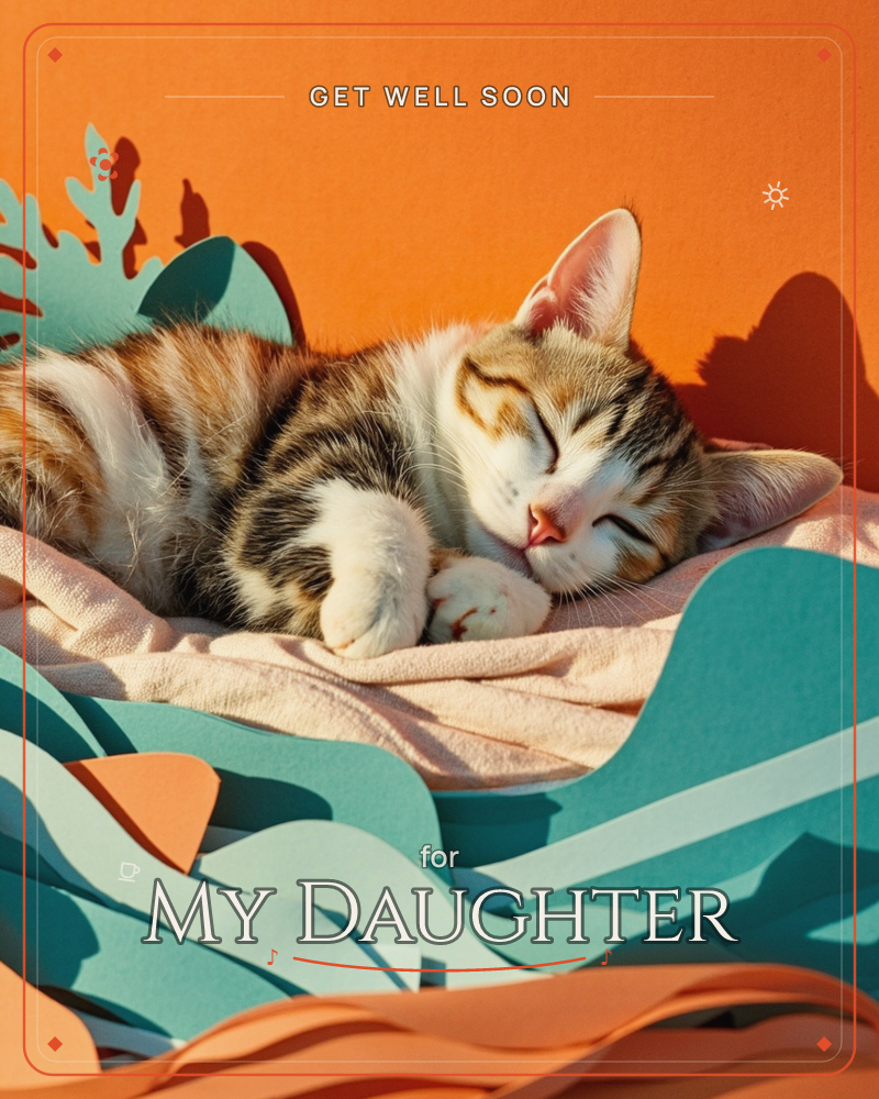 A tabby kitten curls up fast asleep on a soft blush blanket, paws tucked in and eyes shut in complete contentment, a getwell e-card design