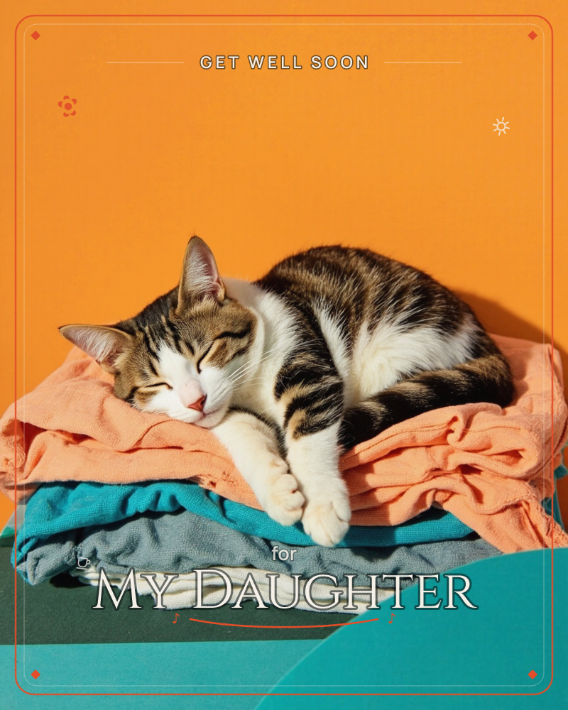 A tabby-and-white cat curls up asleep on a stack of folded peach, teal and grey towels, set against a bold orange backdrop, a getwell e-card design