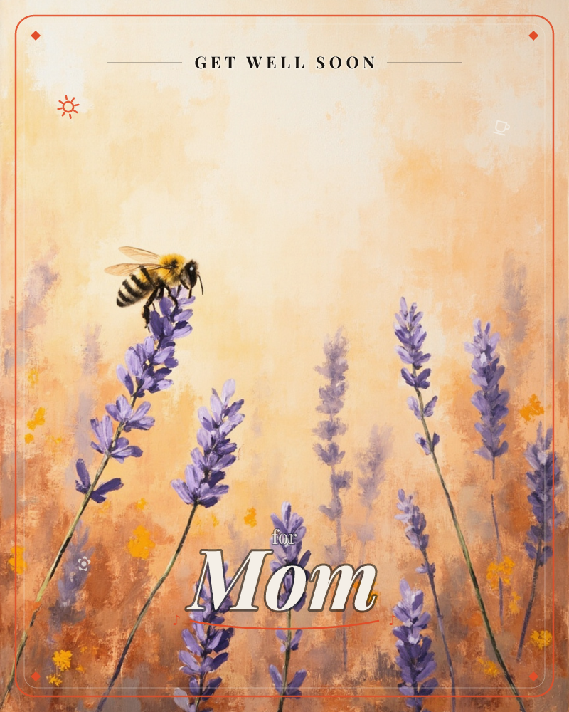 A honeybee rests on a spike of purple lavender, wings still spread, painted against a warm wash of amber and cream, a getwell e-card design
