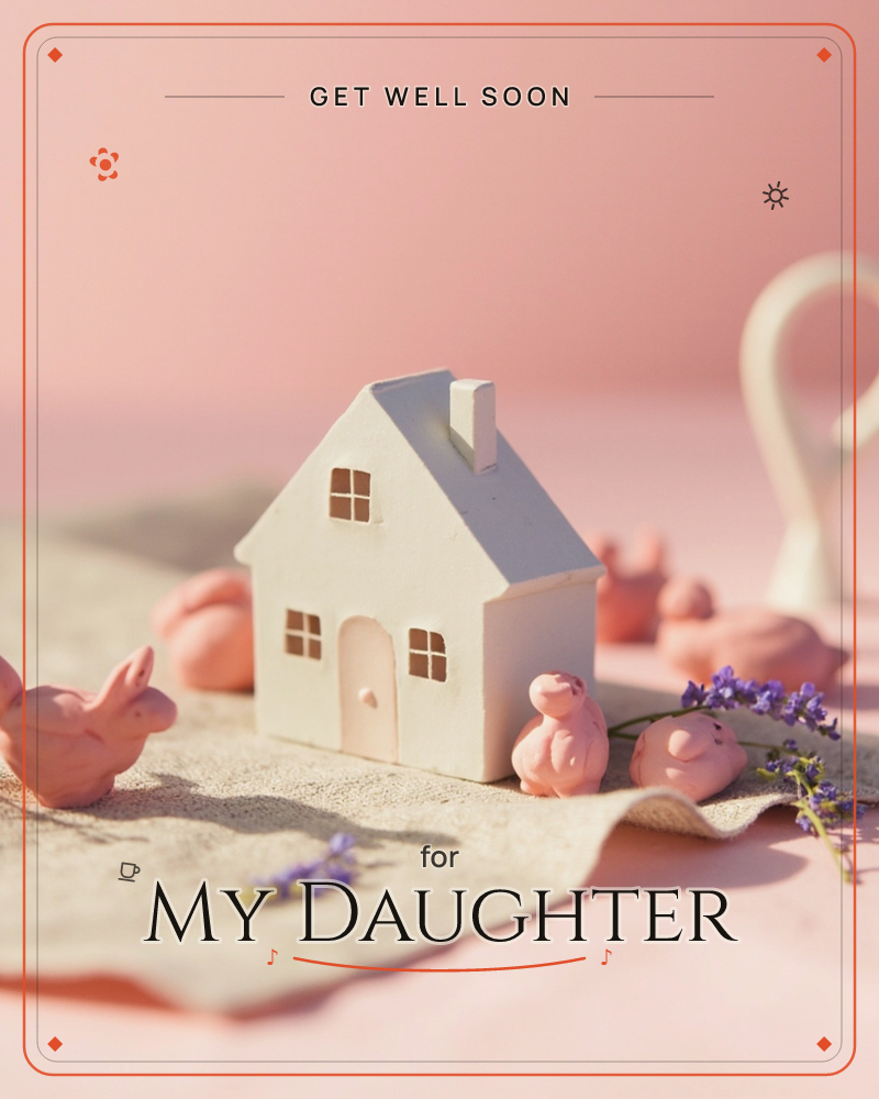A tiny white ceramic house with cut-out windows and a chimney sits on a linen cloth surrounded by small pink clay bunny figures and sprigs of dried…, a getwell e-card design