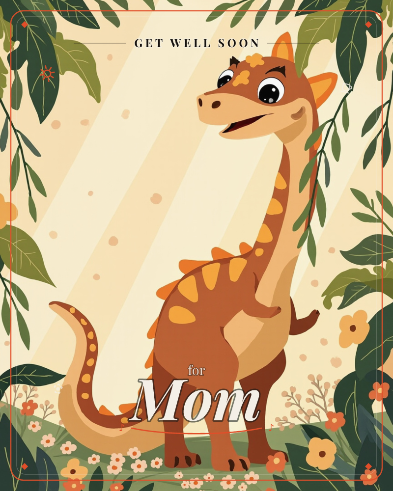 A friendly, long-necked cartoon dinosaur stands amid a lush jungle of leaves and small orange flowers, its orange-spiked back and warm brown body…, a getwell e-card design