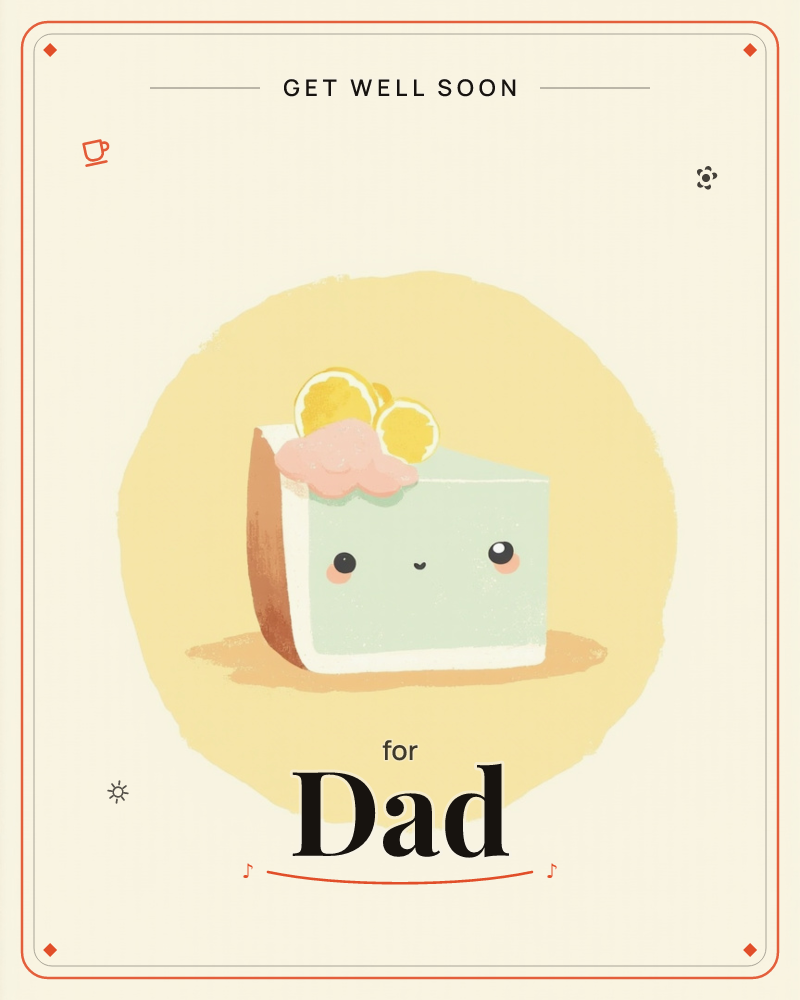 A cheerful slice of mint-green cheesecake sits centred on a warm yellow circle, its crust rendered in soft brown and its top swirled with a peach…, a getwell e-card design