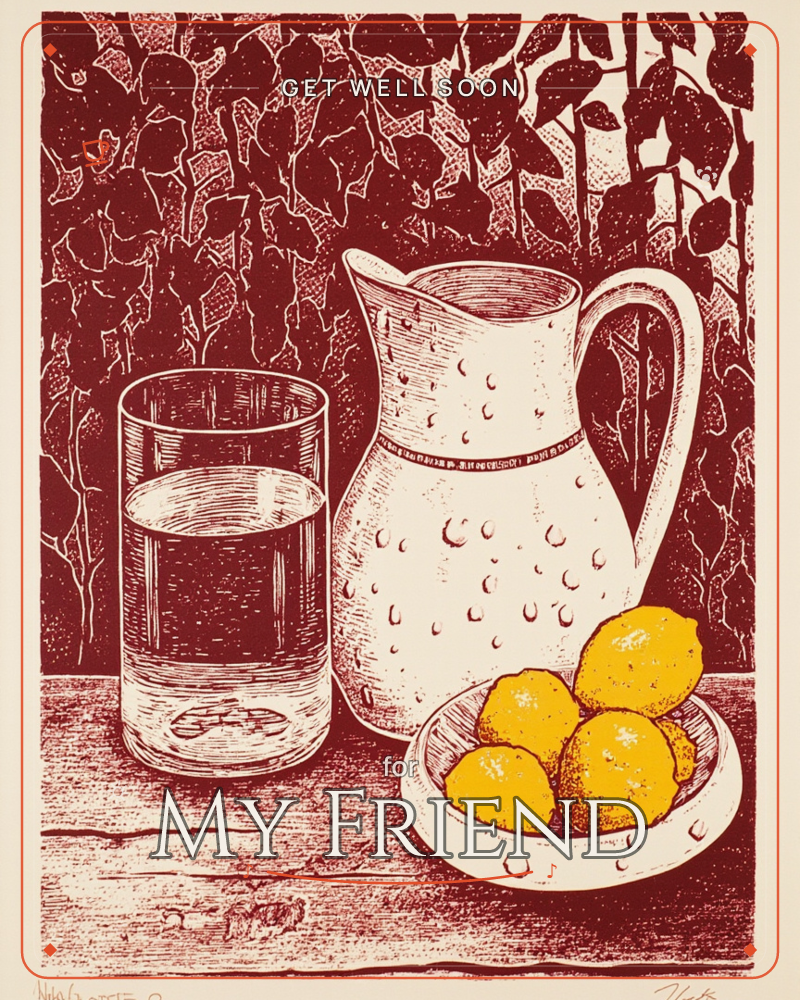 A still life of a condensation-beaded pitcher, a half-filled glass, and a bowl of lemons sits on a wooden tabletop against a deep maroon backdrop of…, a getwell e-card design