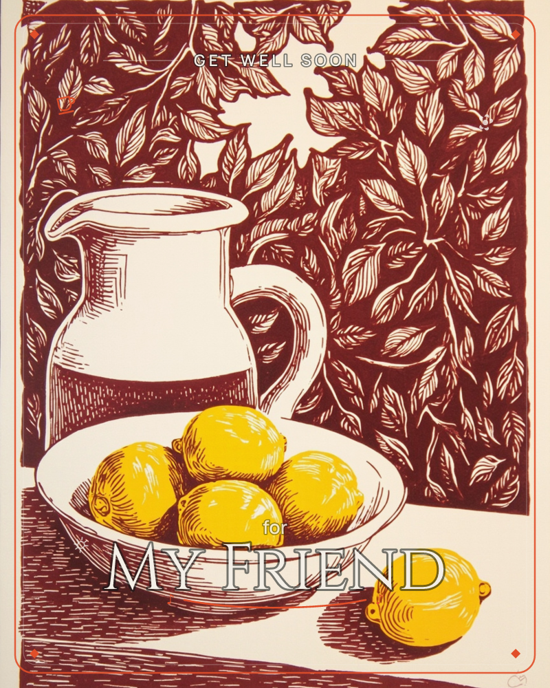 A linocut-style still life shows a ceramic pitcher and a bowl of bright yellow lemons set against a densely patterned backdrop of leafy branches…, a getwell e-card design