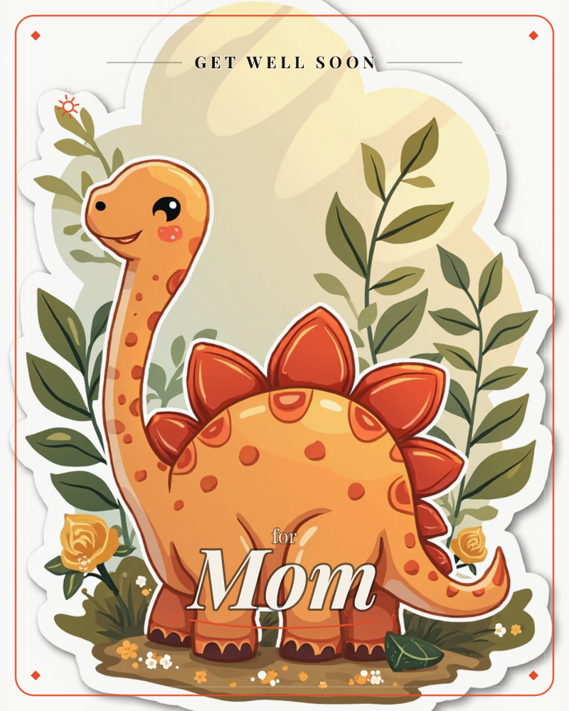 A cheerful orange dinosaur with a long curved neck and a row of red spiked plates along its back stands smiling among leafy branches and small yellow…, a getwell e-card design