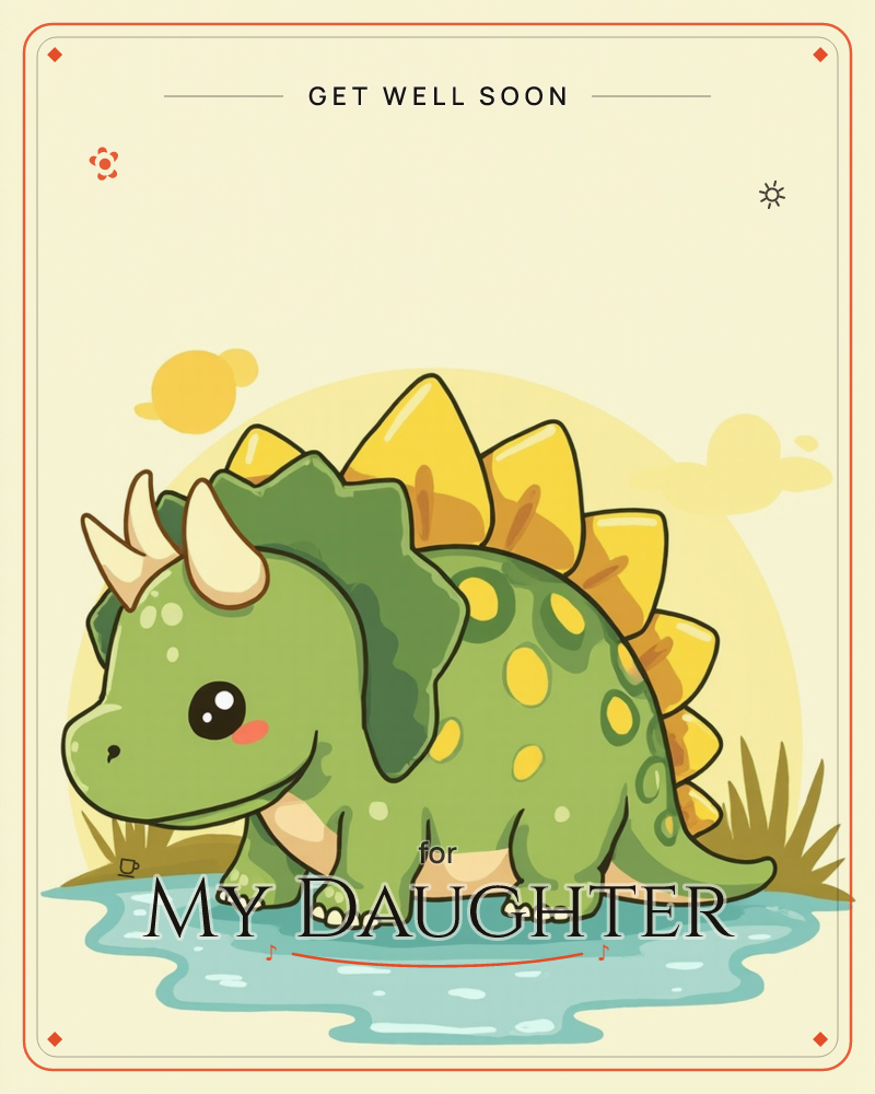 A round-bellied cartoon dinosaur with a spiked frill, little horns and yellow back plates stands at the edge of a pale blue puddle, blushing cheeks and…, a getwell e-card design
