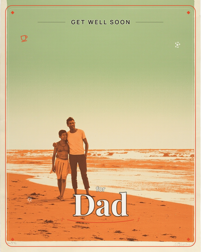 A duotone print in burnt orange and pale green shows two people standing close together on a wide beach, arm around shoulder, footprints trailing…, a getwell e-card design