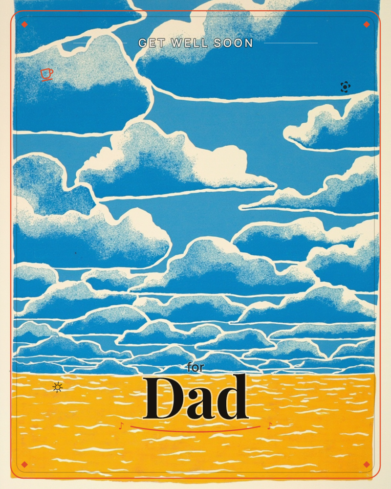A bold linocut sky fills most of the card, blocky white-outlined clouds stacked across a deep blue expanse, meeting a flat golden-yellow sea rippled…, a getwell e-card design