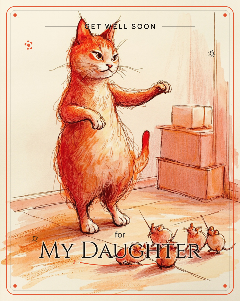 A ginger cat stands upright on its hind legs, one paw raised as if mid-command, facing a small huddle of round mice lined up like an attentive audience, a getwell e-card design