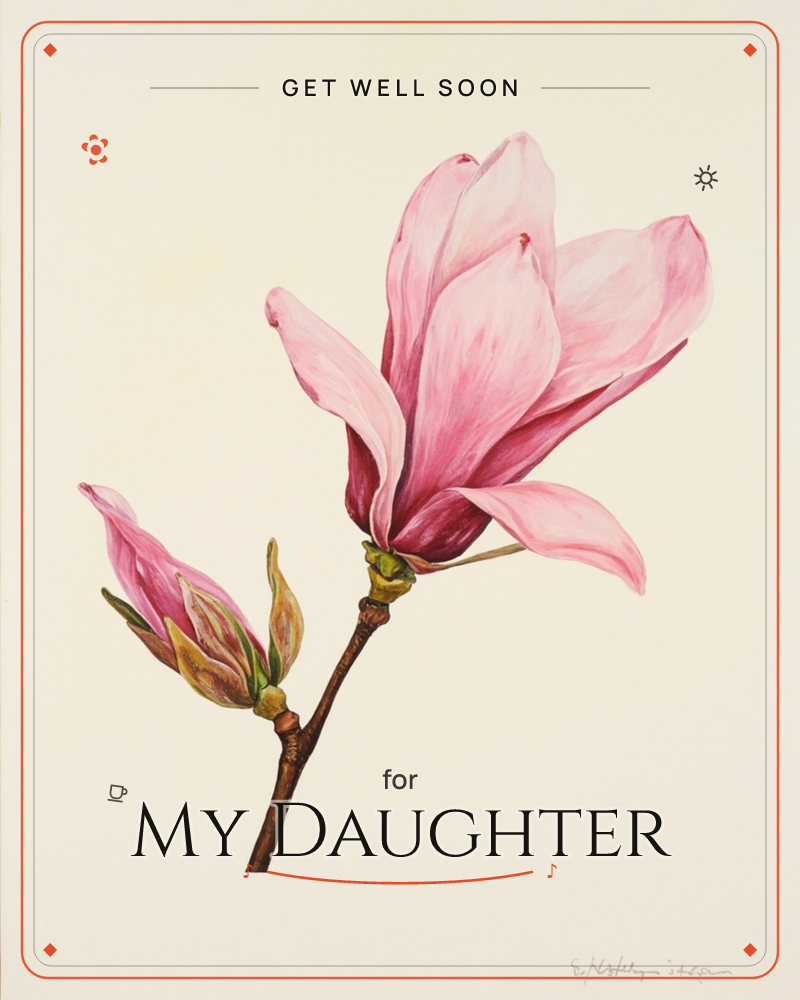 A single magnolia branch stretches across a soft cream background, one bloom fully open in pink and magenta while a second flower beside it is still…, a getwell e-card design
