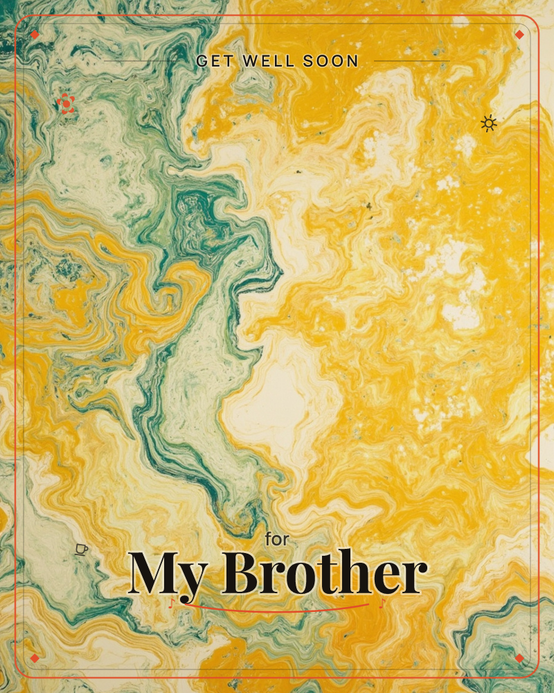 An abstract marbled pattern swirls across the card in rippling bands of teal and golden yellow, with cream pockets pooling between them like water and…, a getwell e-card design