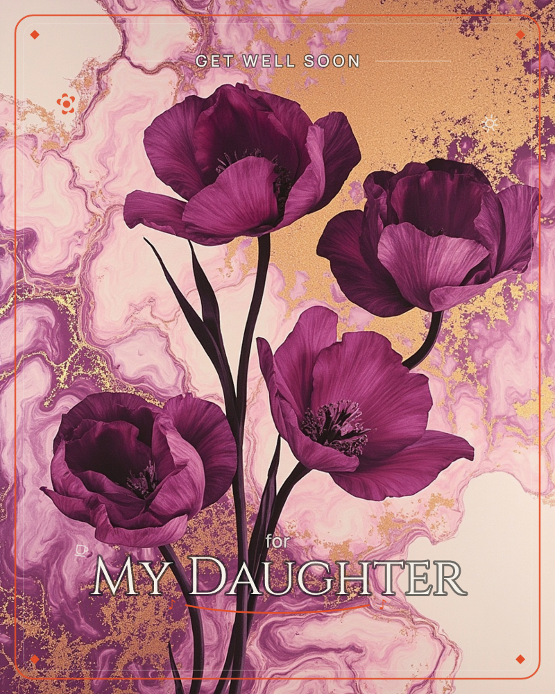 Four deep magenta poppies rise on slender dark stems against a marbled backdrop of swirling pink, plum, and cream, veined through with streaks of gold…, a getwell e-card design
