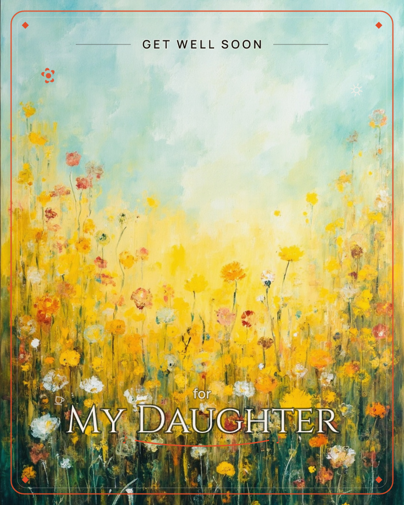 A meadow of tall wildflowers rises against a hazy blue-green sky washed with soft yellow light, a getwell e-card design