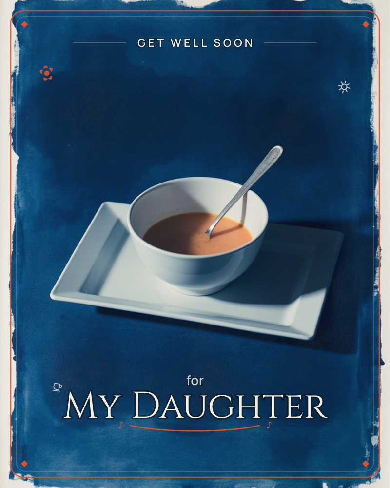 A white bowl of orange-red soup with a spoon resting inside sits on a square white plate, set against a deep indigo background with softly bleeding…, a getwell e-card design