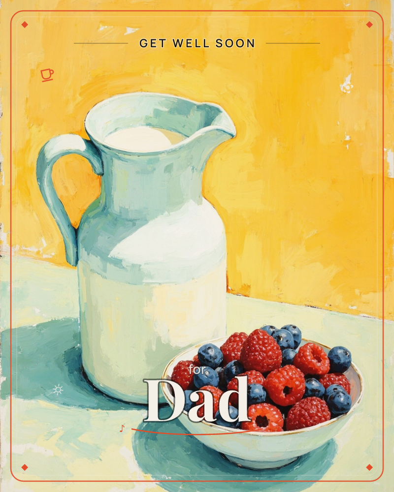 A still life painting shows a pale blue-green milk pitcher standing beside a small bowl heaped with raspberries and blueberries, set on a soft mint…, a getwell e-card design