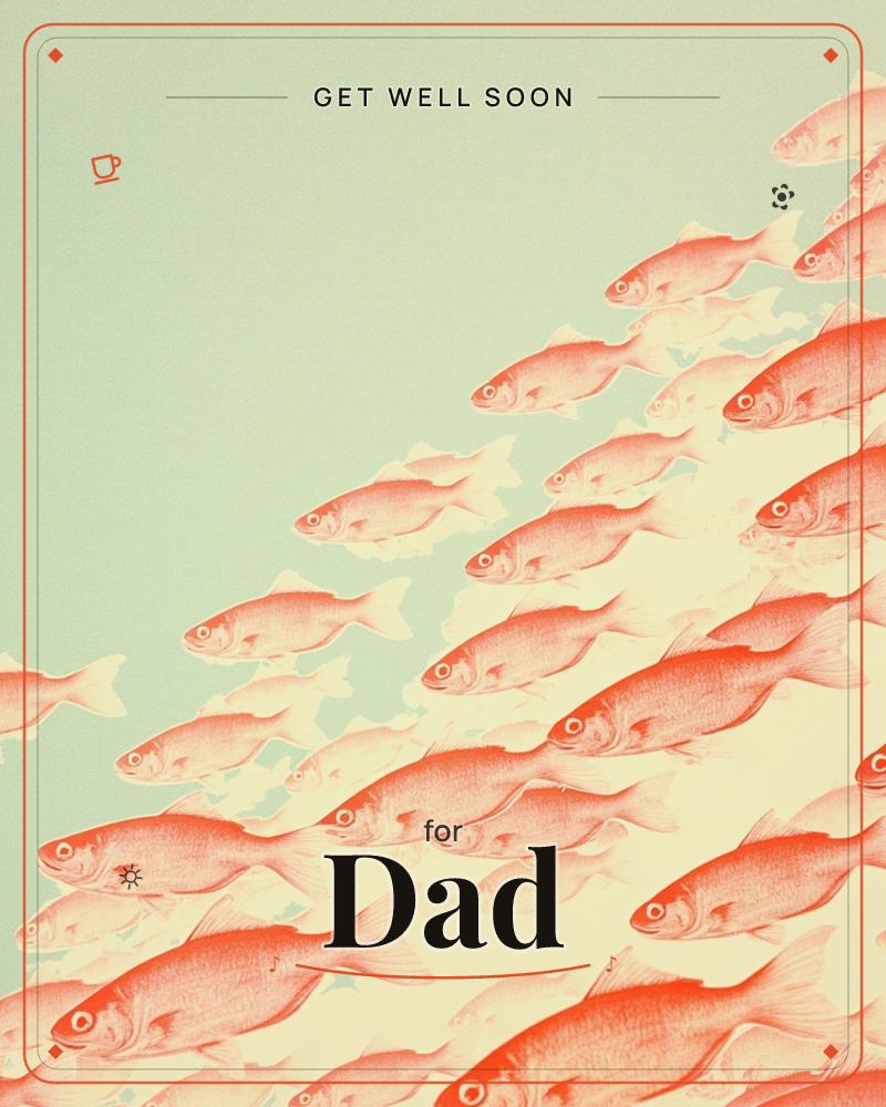 A diagonal shoal of orange-red fish swims in tight formation across a pale mint-green background, each one rendered in fine crosshatched detail with a…, a getwell e-card design