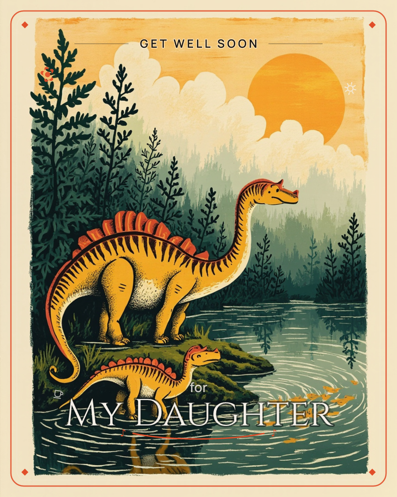 A tall long-necked dinosaur with a spiked orange back stands on a mossy bank beside a calm lake, while a smaller dinosaur wades in the shallow water below, a getwell e-card design