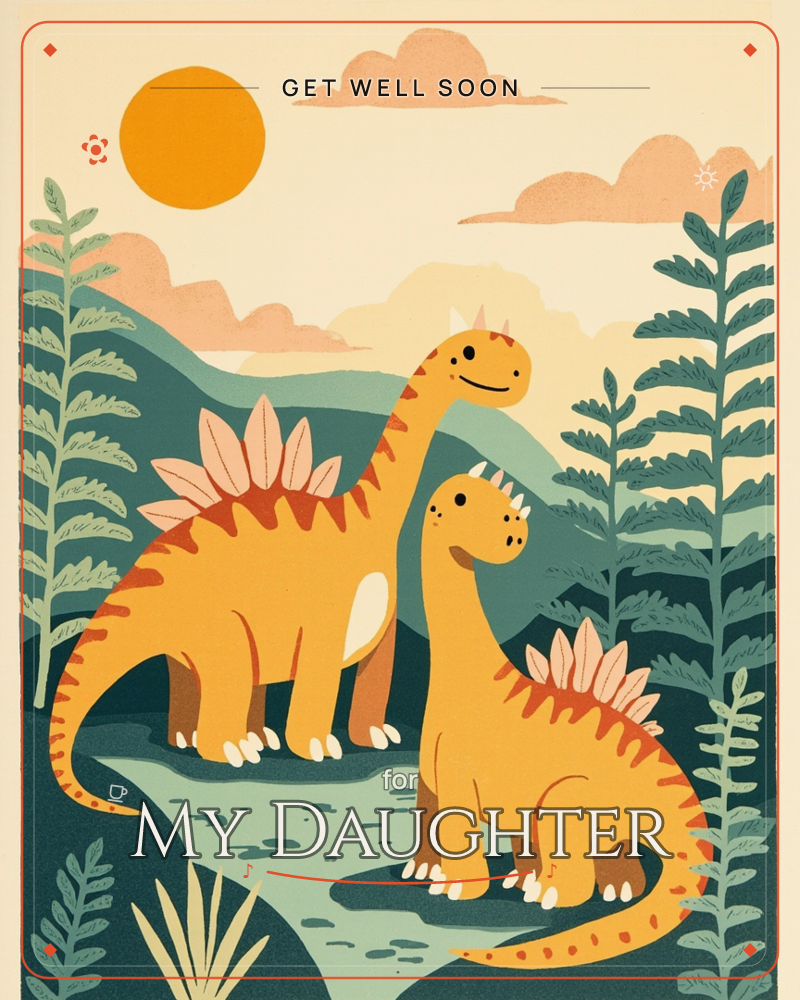 A large orange dinosaur and a smaller one stand together on a mossy path, framed by tall ferns and layered green hills under a glowing orange sun, a getwell e-card design