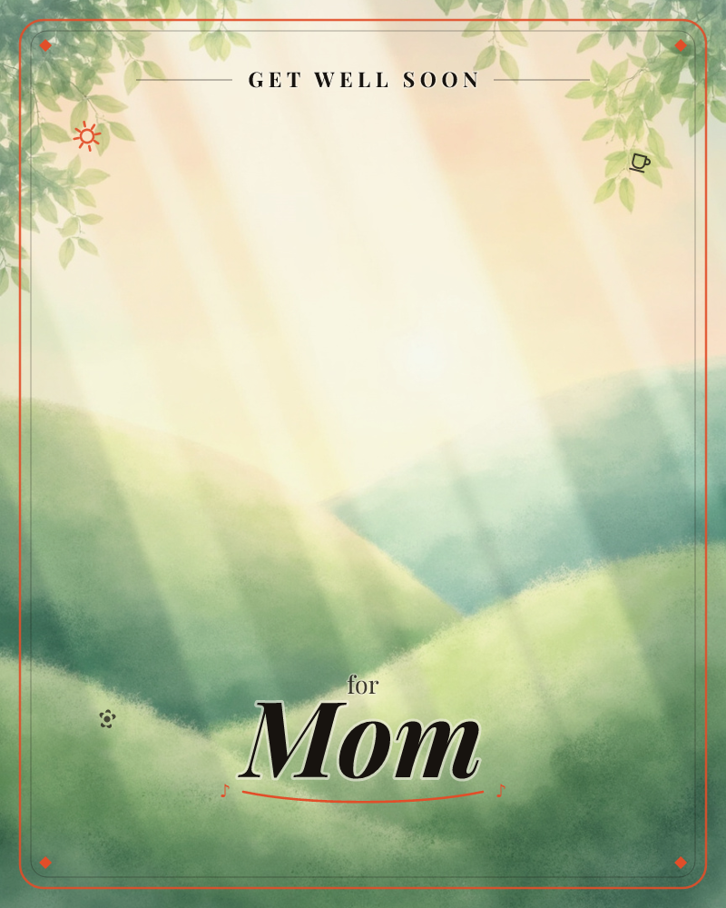 Layered green hills roll into a soft haze under wide beams of sunlight breaking through an overcast sky, with leafy branches framing the top corners…, a getwell e-card design