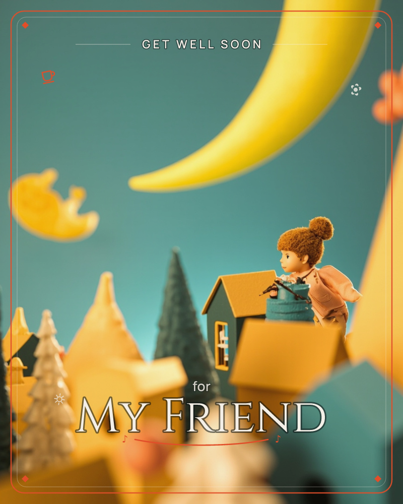 A miniature toy village of mustard-yellow houses and teal rooftops sits beneath a giant crescent moon against a deep teal sky, a getwell e-card design
