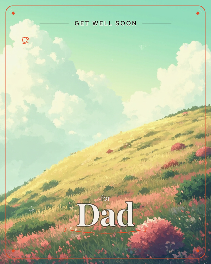 A golden grassy hillside rolls upward under a wide sky streaked with mint and pale yellow light, a getwell e-card design