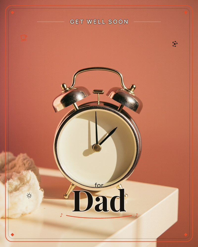 A classic twin-bell alarm clock in gleaming copper-gold sits perched on the edge of a glossy cream table, its cream face catching warm directional…, a getwell e-card design