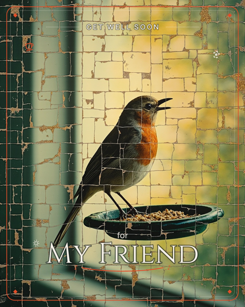 A robin with a bright orange-red breast perches on a shallow dish of seed, its beak open mid-song, a getwell e-card design