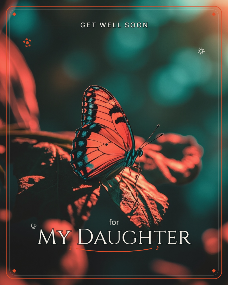 A single butterfly rests on a curled leaf, its wings glowing coral-red with streaks of teal, lit by warm slanting light against a dark, dappled background, a getwell e-card design