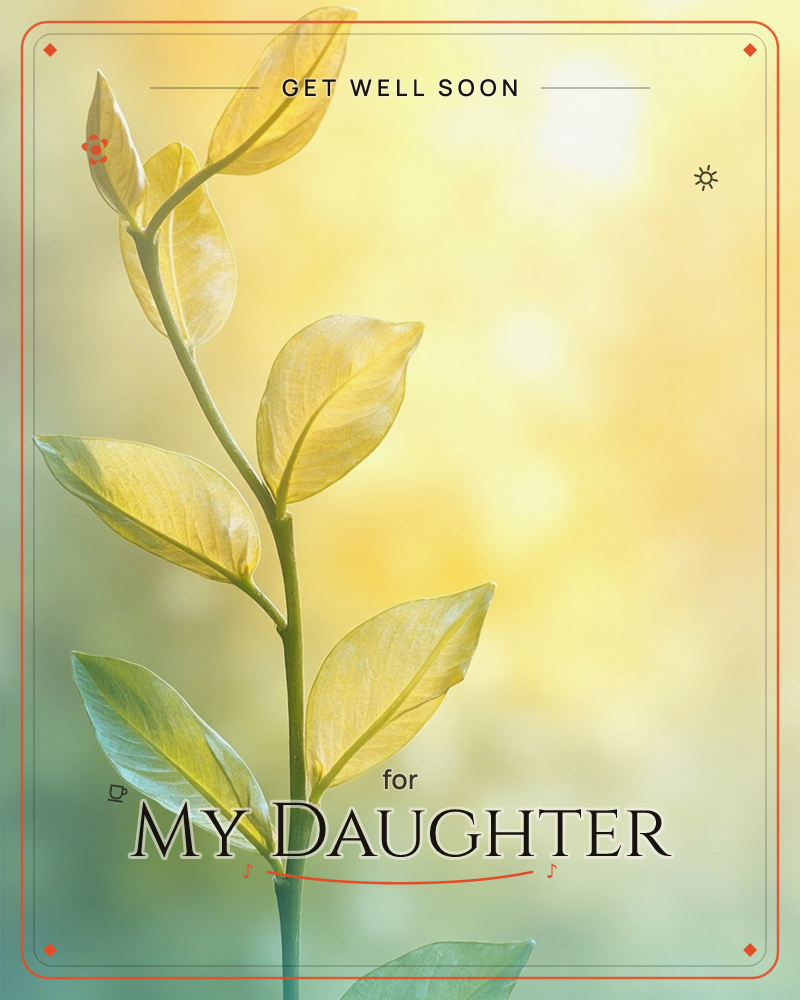 A single leafy stem stands against a soft, glowing haze of golden yellow melting into pale green, its leaves catching light as if sunlit from behind, a getwell e-card design