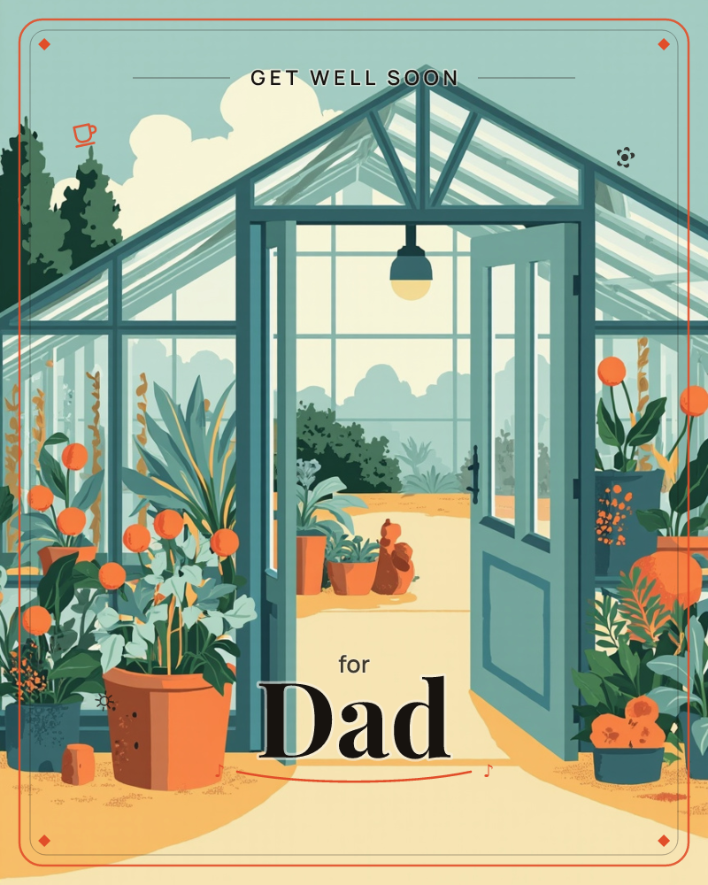 A glass greenhouse stands open at the center, its blue-framed door inviting you down a sandy path lined with terracotta pots, a getwell e-card design