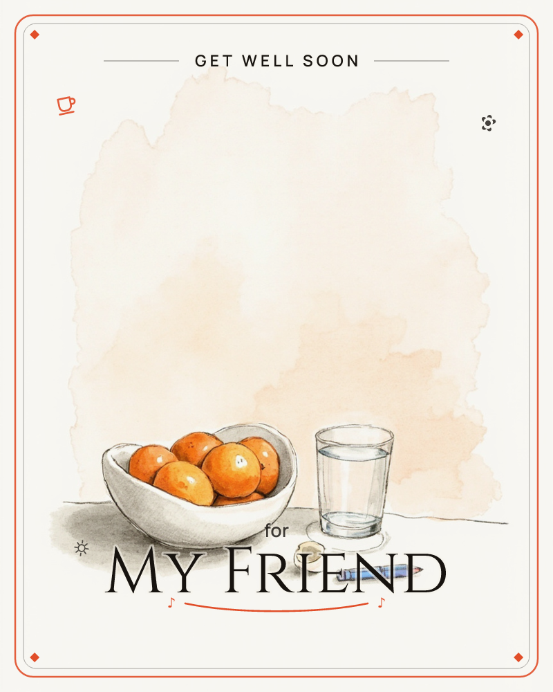 A simple still life shows a white bowl heaped with oranges beside a half-full glass of water, with a small pencil sharpener and blue pencil resting on…, a getwell e-card design