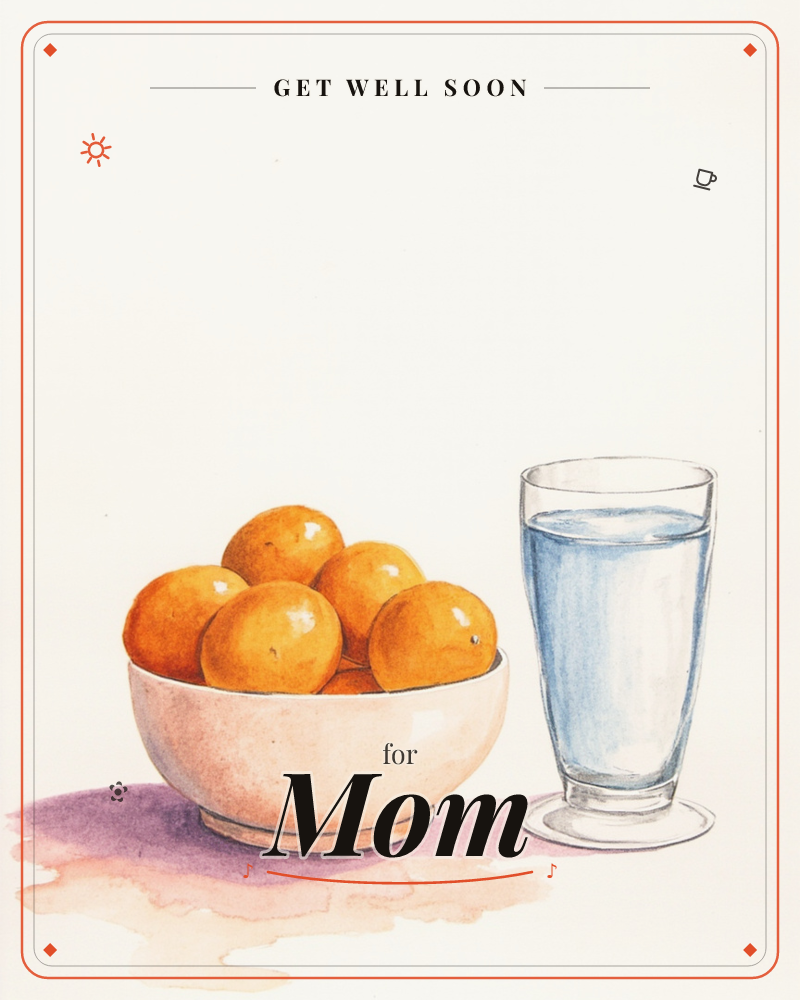 A simple still life of a pale pink bowl heaped with oranges beside a tall glass of water, set against a bare cream background, a getwell e-card design