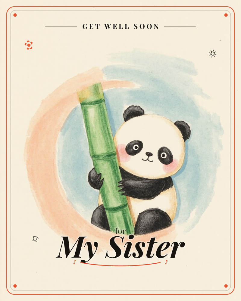 A round-cheeked panda with rosy blushed cheeks hugs a tall stalk of green bamboo, set inside a loose painterly circle of peach and dusty blue…, a getwell e-card design