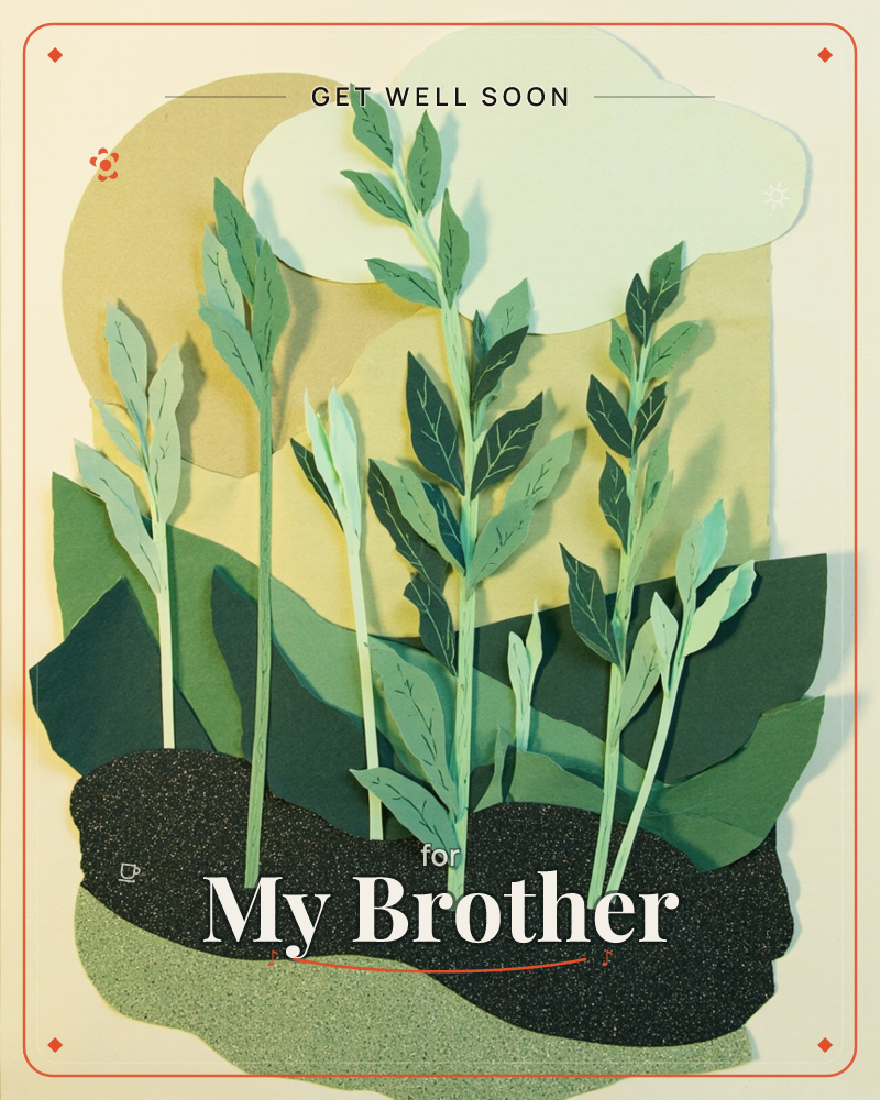 A paper-cut landscape shows tall leafy stems rising from dark, textured soil against a cream sky with a soft cloud and a pale sun, a getwell e-card design