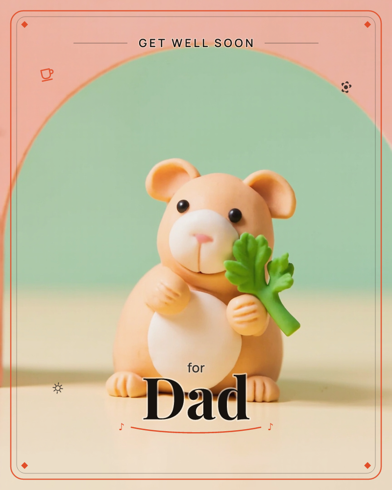 A round-bellied hamster figure sits on a pale cream surface, holding a sprig of leafy greens against its chest with tiny clay paws, a getwell e-card design