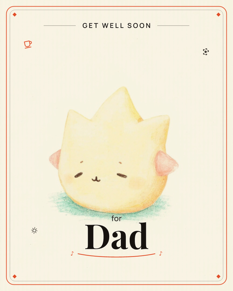 A small round yellow creature with a crown-like scalloped head and pink ears sits alone on a soft green shadow, eyes closed and smiling gently, a getwell e-card design