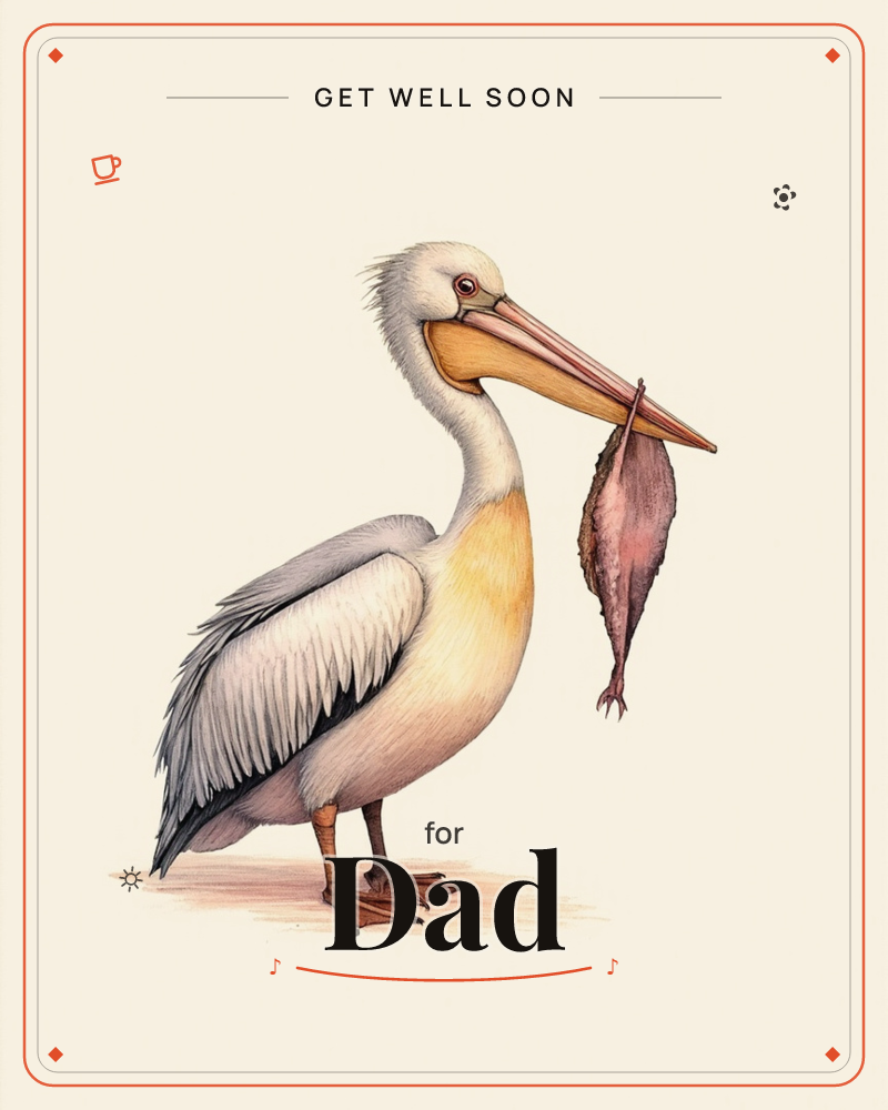 A pelican stands in profile against a soft glowing cream vignette, its long orange-pink beak tipped upward as it balances a caught fish along its length, a getwell e-card design