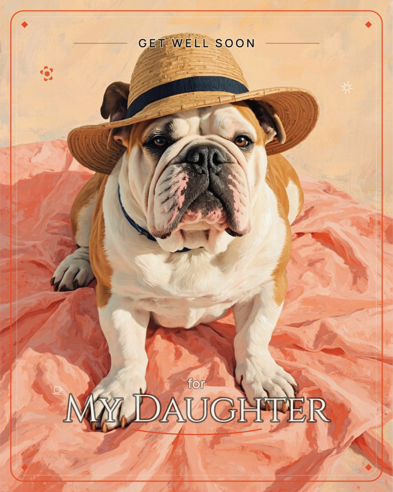 A wrinkled bulldog in tan and white lies sprawled across coral-pink crumpled fabric, wearing a straw hat with a navy band tilted rakishly over its ears, a getwell e-card design