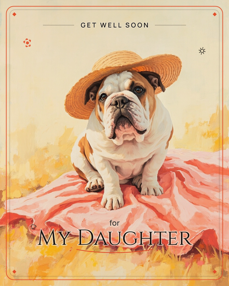 A wrinkly-faced bulldog sits upright on a rumpled coral-pink picnic blanket, wearing a wide-brimmed straw sun hat tilted rakishly over one eye, a getwell e-card design