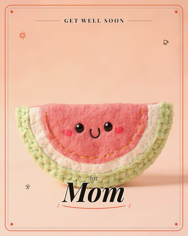 A plush felt watermelon slice sits against a soft peach backdrop, its crocheted green rind edging a stitched pink body with a cheerful embroidered face, a getwell e-card design