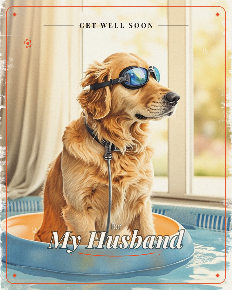A golden retriever sits proudly inside a small blue inflatable pool ring, wearing tinted goggles pushed up on its head, gazing out a sunlit window, a getwell e-card design