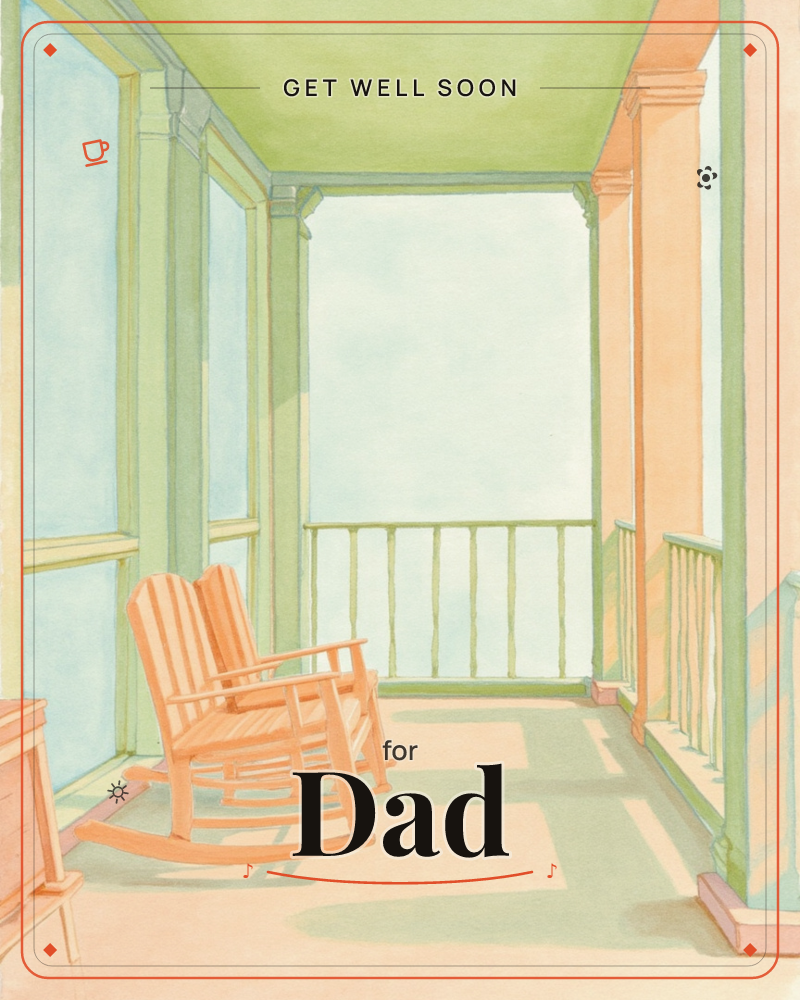A painted porch with green columns and a pale railing looks out onto an open sky, sunlight falling in soft stripes across the floorboards, a getwell e-card design