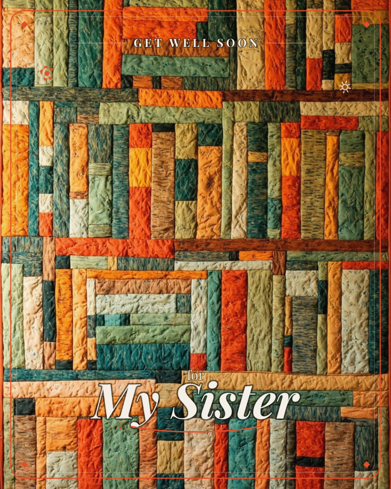 The illustration mimics rows of book spines lined up on shelves, but each one is stitched from quilted fabric with visible seams and puckered texture, a getwell e-card design