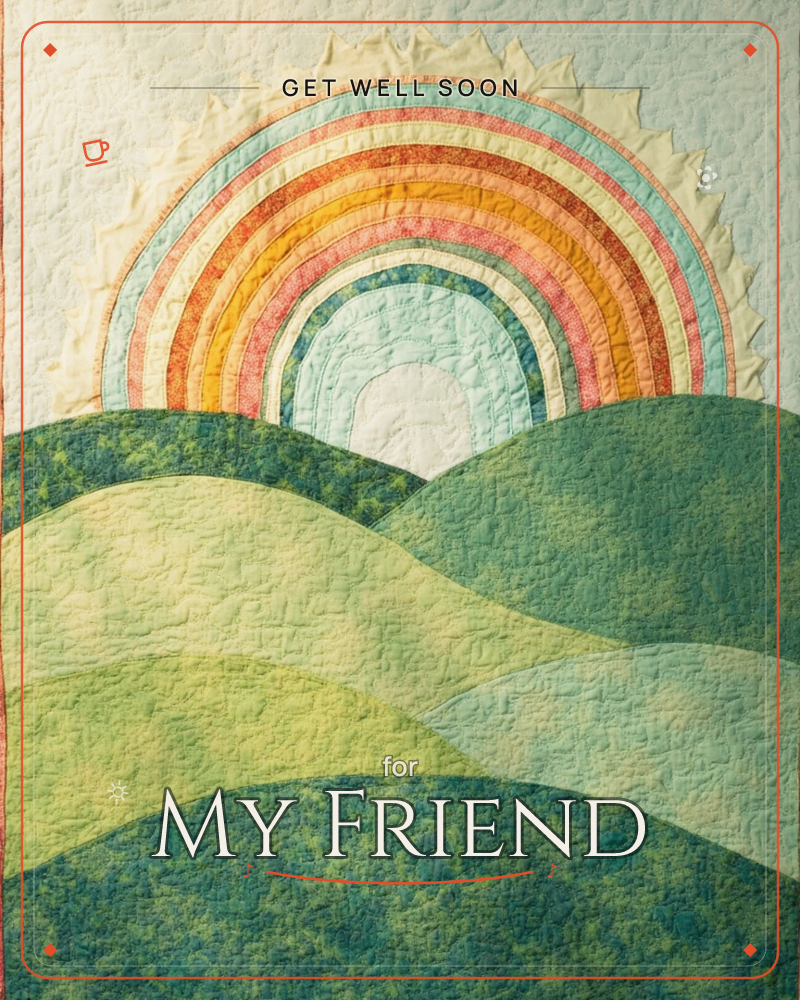 A quilted textile scene shows a fabric sun with jagged rays rising behind rolling green hills, its rings of stitched colour fading from cream through…, a getwell e-card design