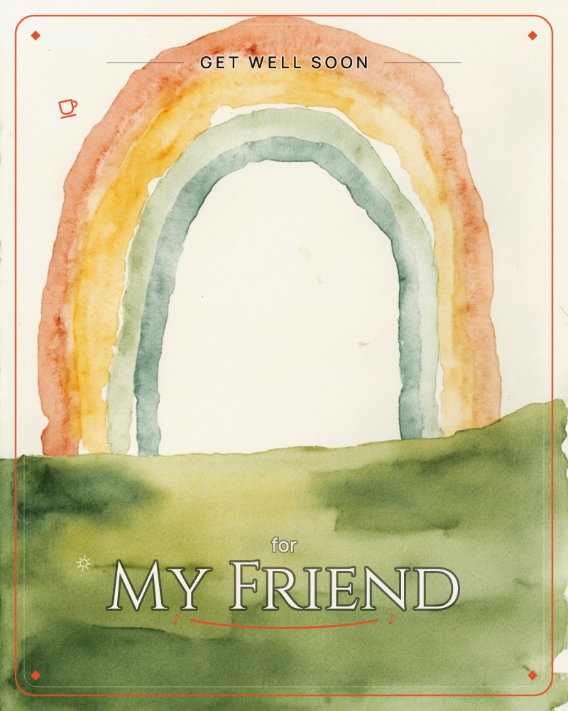 A soft watercolour rainbow arches over a rolling green hill, its bands of coral, gold and sage bleeding gently into the cream paper, a getwell e-card design