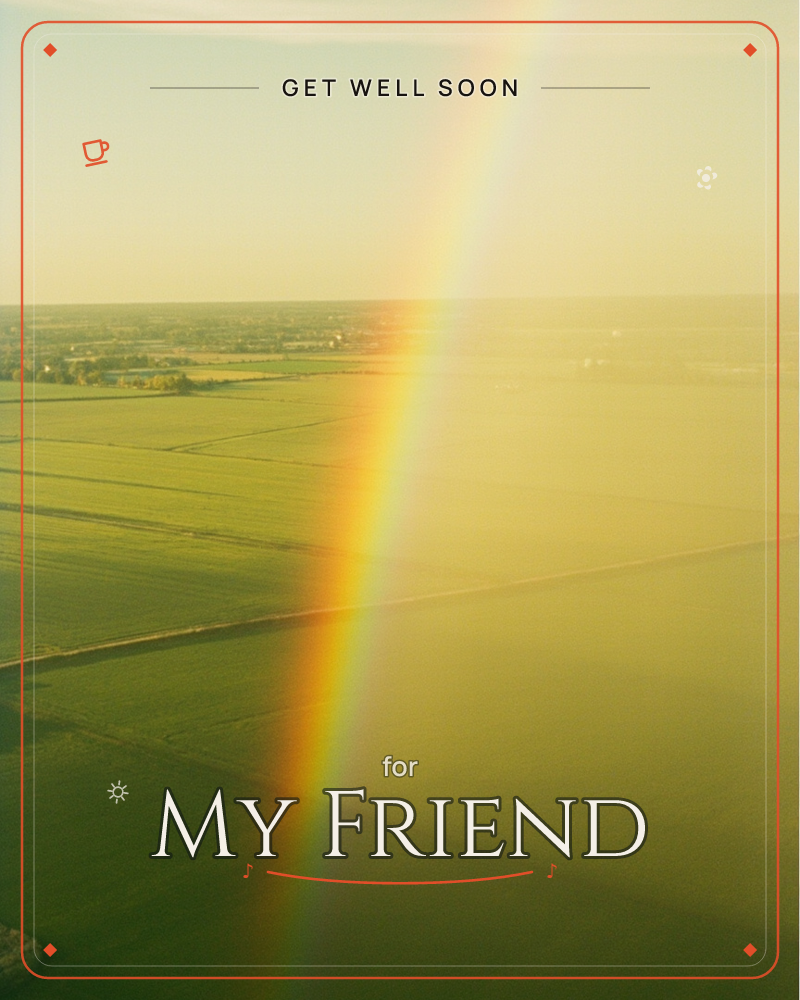 A wide aerial view stretches over a patchwork of flat green farmland, hazy with warm golden light, as a rainbow arcs straight down through the middle…, a getwell e-card design