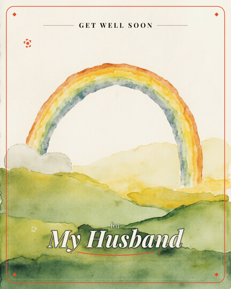 A soft watercolour rainbow arcs over rolling green hills, its bands of orange, yellow, grey and green bleeding gently into one another, a getwell e-card design